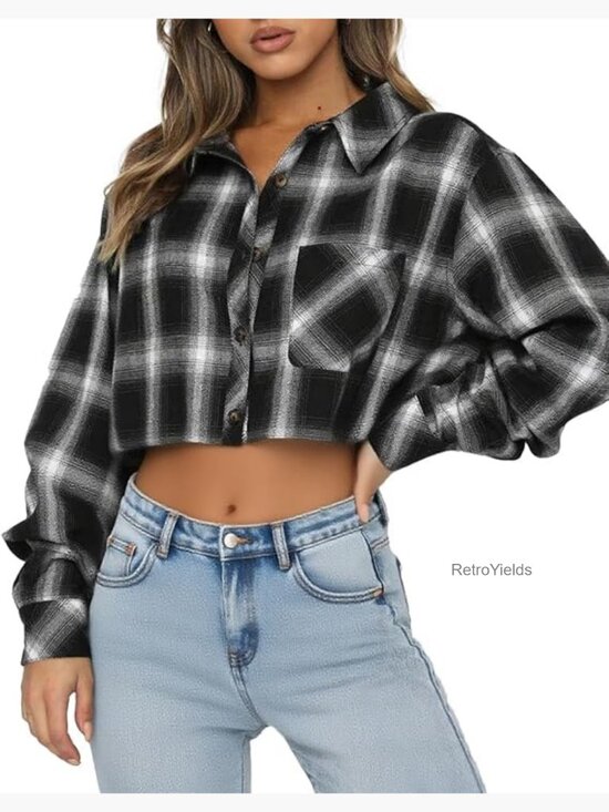 Tops - Crop Flannel Button Down Shirt Women Loose Long Sleeve Plaid Blouse